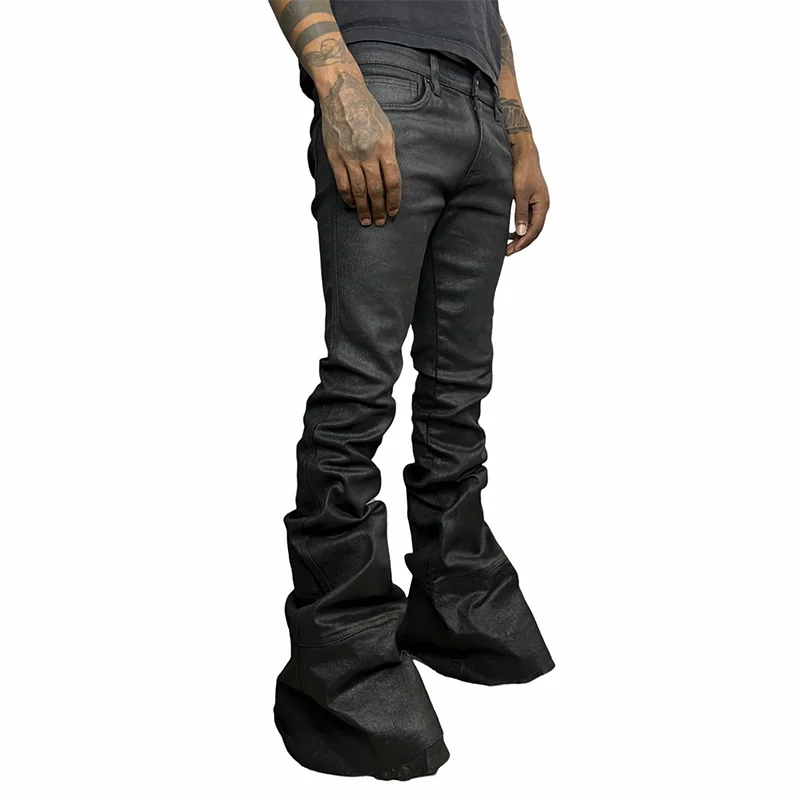 Custom Y2k Streetwear Washed Design Skinny Stacked Flared Waxed Black Jeans Men