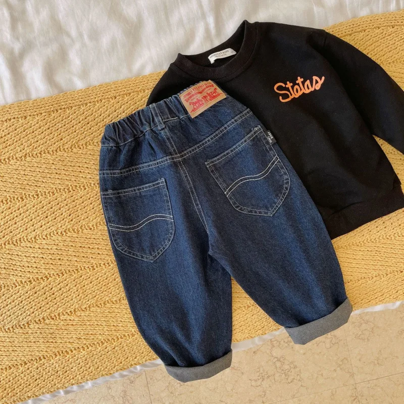 2025 Spring and Autumn Trendy Loose Fit Denim Pants for Kids Stylish Casual Trousers Printed Fabric Jeans for Boys and Girls