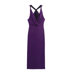 Customize Summer New Arrival Sleeveless Regular Fit Knotted Attached V-Neck Wide Strap Solid Zippers Midi Dress 8253568