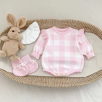 2025 Autumn and Winter New Plaid Flutter Sleeve Baby Romper for Baby Girls Cotton Knit Long Sweater Baby Jumpsuit