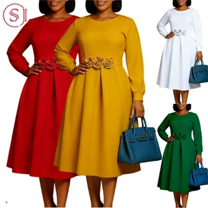 D602 Fashion Autumn Winter Dresses Women Casual Round Neck Long Sleeve 3d Flower Decoration African Dress for Women Clothing