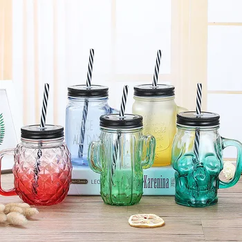 Colored 420ml Cactus Shaped Glass Mason Mug with Straw Lid for