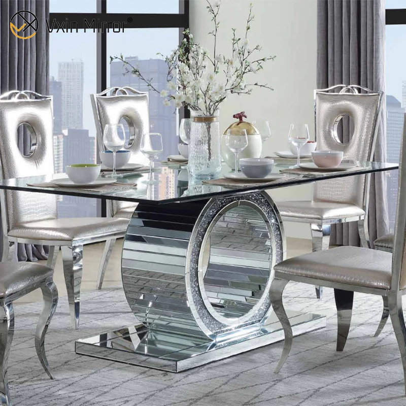 Wholesale 2021 New Design Crushed Diamond Round Silver Dining Furniture  with Chairs Toughened Glass Table Top Dining Table