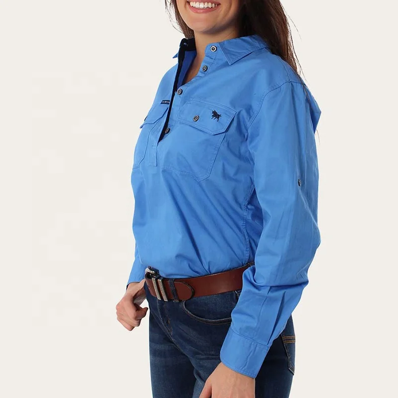 Women Cotton Drill Button Up Work Shirts For Women Long Sleeve Turn