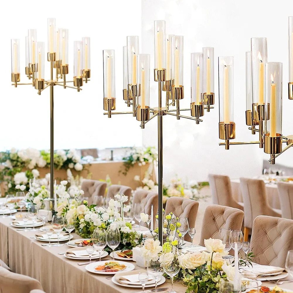 Luxury Wedding Decor Supplies Gold 17 Arms Candelabra Candle Holder Tall Crystal Candelabra Centerpieces