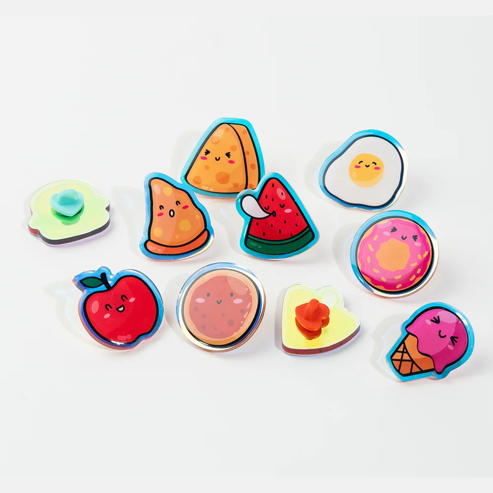 Pinos de Acrílico com Impressão Personalizada de Logotipo e Desenho Animado, Crachá Fofo em Plástico Arco-Íris com Fechamento de Borracha