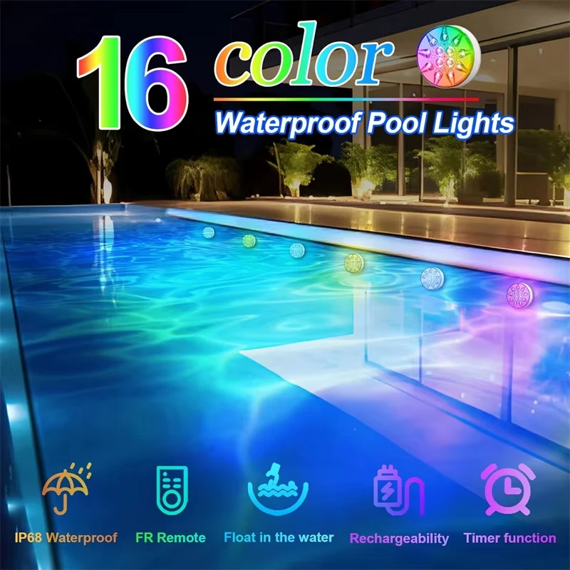 product new top quality 16 colors rgb led swimming pool usb rechargeable submersible ip68 underwater lights for with rf remote for boat-42