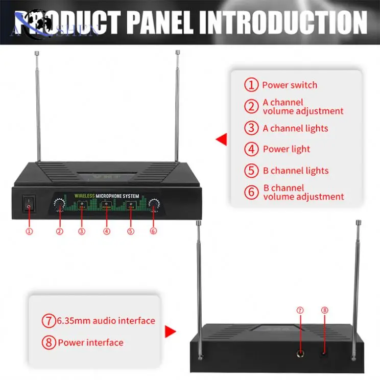 Factory Free OEM VHF 2 Channel  Wireless Microphone Handheld Mic Party Conference Recording Live Home KTV Portable Dual Channel