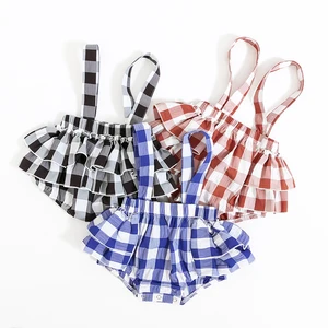Stretchy 98%Polyester 2%Spandex Newborn/Infant Buffalo Plaid Spaghetti Strap Ruffle Hem Snap Rompers for Summer Daily