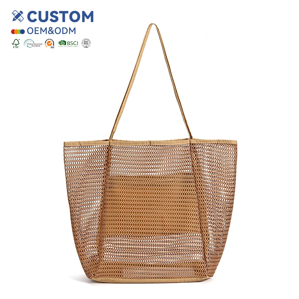 Customizable Summer Mesh Beach Tote Bags Korean Vintage Style Black Red Color Polyester for Women's Travel Bulk Shopping