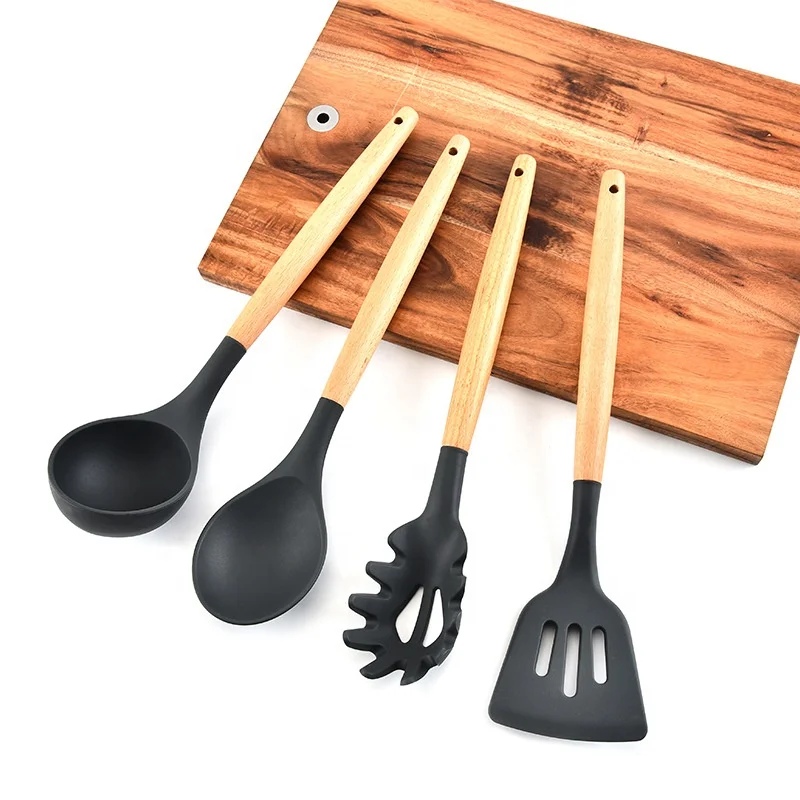 11piece Silicone Cooking Utensils Set With Bamboo Wood Handles for Nonstick Cookware Nylon Turner Tongs Spatula