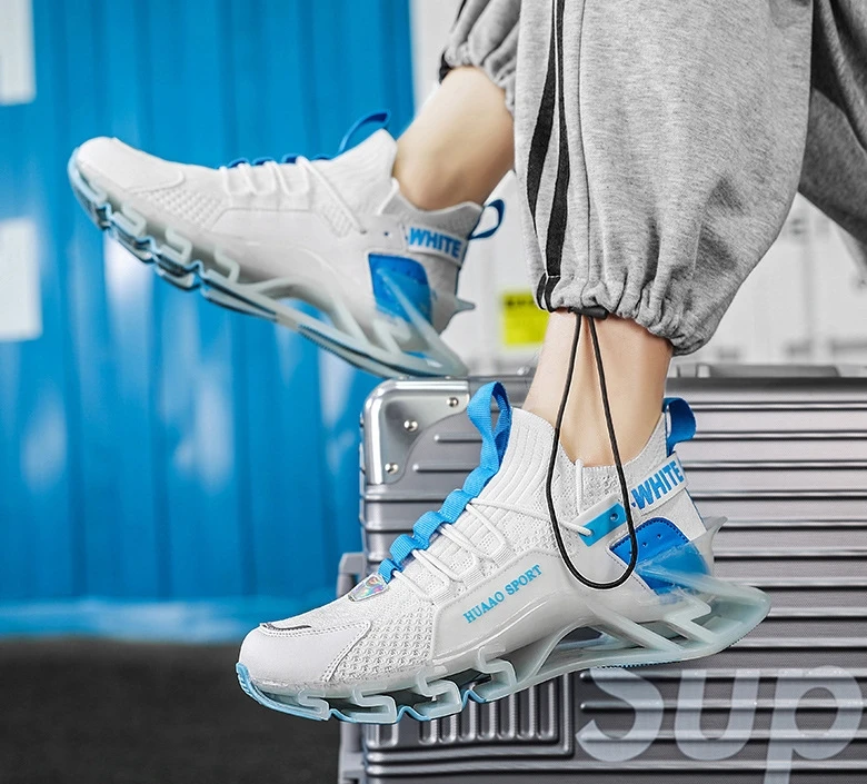 Mens Fashionable Breathable Lace up Shoes for Jogging Knitted Mesh Fabric Blade Air Cushion High Sole Sports Shoes for Men