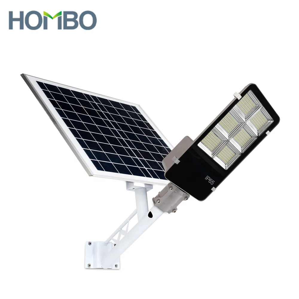 HOMBO fashion design separate solar mppt controller/blue carbon panel/ip camera 50 watt 100 watts China solar led street lamp