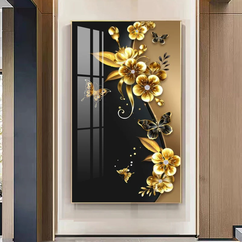 Factory Wholesale Custom Home Decoration Art Wall Art Crystal Porcelain Painting Abstract Golden Flowers Painting Led Light Art