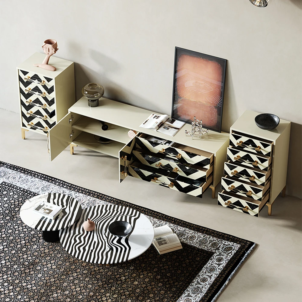 Modern New Design zebra Stripes Tv Stand and Tea Table Combination Meta Leg Sofa Coffee Table TV Console Cabinet Sets Pictures