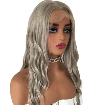 Long Grey Twisted Synthetic Lace Women's Front Wig Girls' Adhesive Free Synthetic Half Handtie Wig for Daily Use