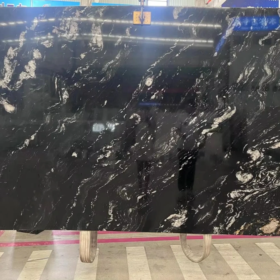Lembaran Marmer Hitam Alami Premium Cosmic Black Marble Polished Modern Tahan Air untuk Lantai & Dinding Batu