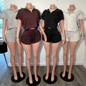 Huili Manufacturer Solid Color Quarter Zipper Short Sleeve & Shorts Two Piece Custom logo Cotton Women's Summer Loungewear Sets