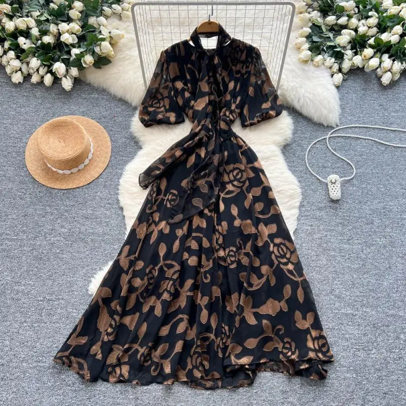 Ladies Clothes Halter Neck V-Neck Floral Dress Puff Sleeve Gown With  Flowing Ribbon Detail Dresses Women Lady Elegant| Alibaba.com