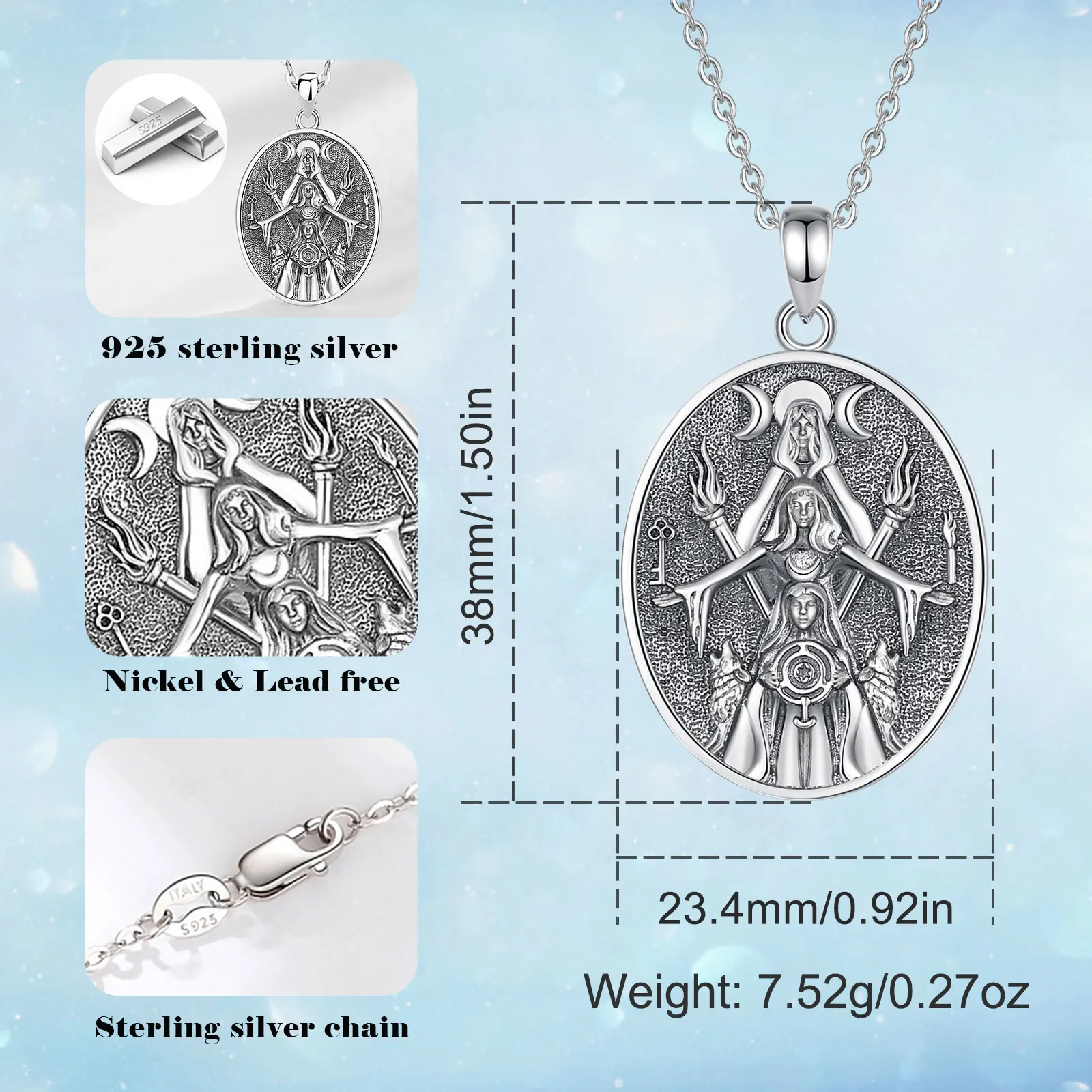 Merryshine 925 Sterling Silver Pagan Triple Moon Goddess Pendant