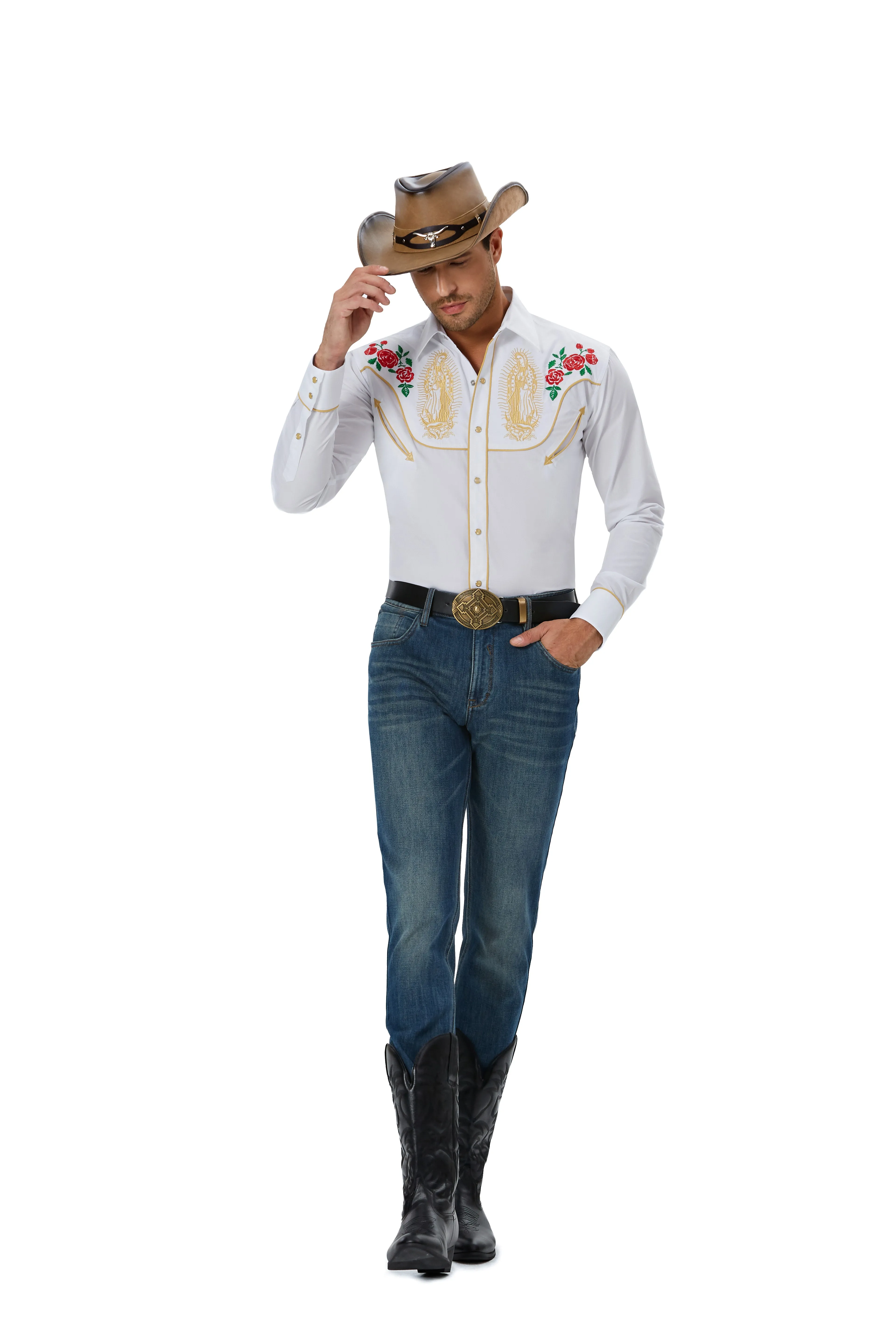 SALVAJE OESTE Men's Our Lady Of Guadalupe Western Snap Button Shirt - Embroidered Cowboy Long Sleeve (Black, Large)