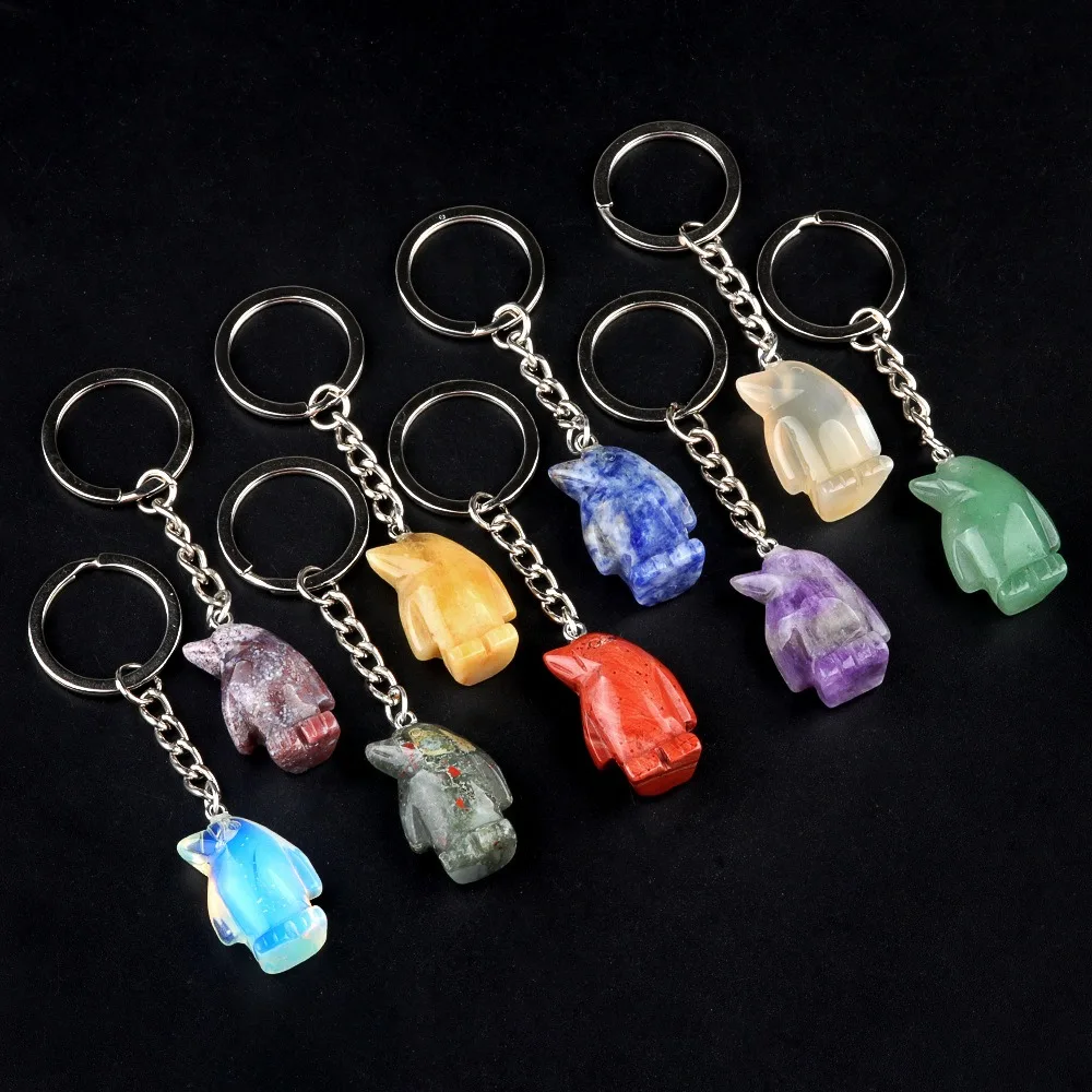 Crystal Stone Penguin Figurines Keychain Natural Gemstone Carved Animal Reiki Healing Stones Crafts Key Ring for Women Girl Gift