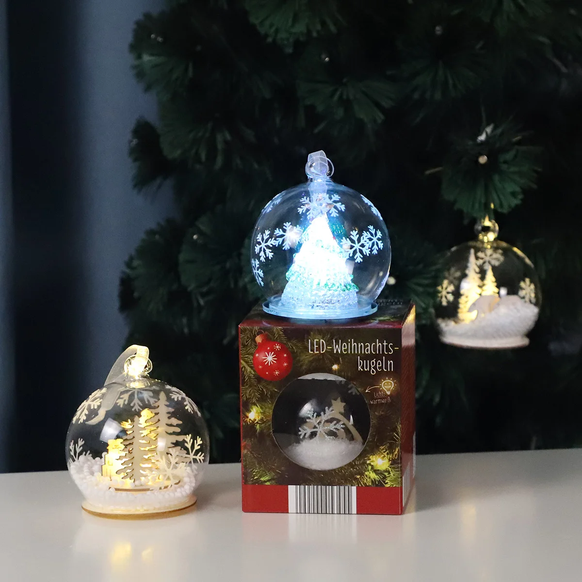 Promotional 8cm Led Lights Xmas Baubles Ornaments Battery Operated Light Christmas Glass Snow Ball