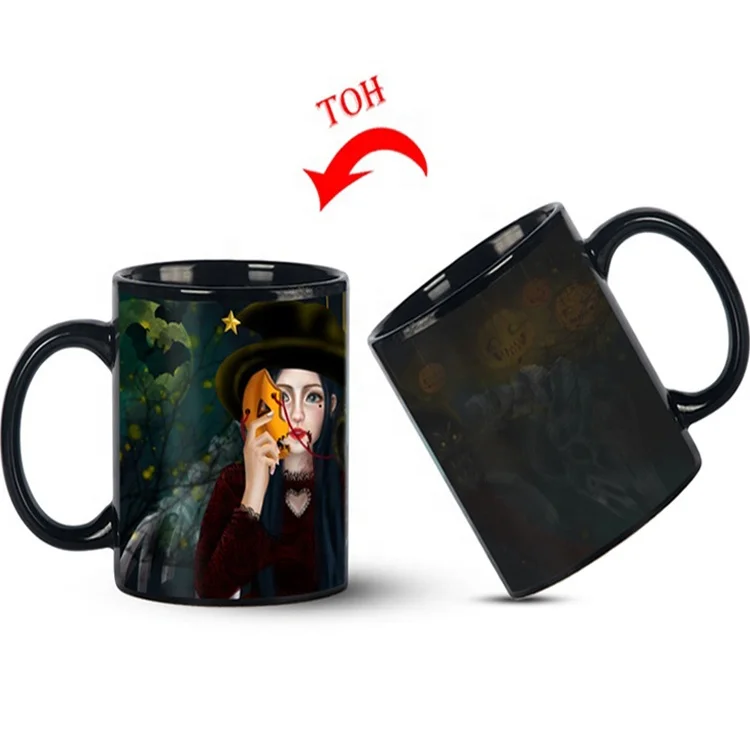 11oz Heat Sensitive Color Changing Magic Black Sublimation Ceramic Coated Heart Handle Mug With Customized