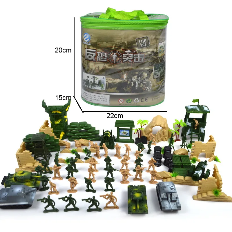 Оптовая продажа 100 шт. игрушечные армейские мужчины полипропиленовые пластиковые игрушки солдаты военные с танковой башней игровой набор