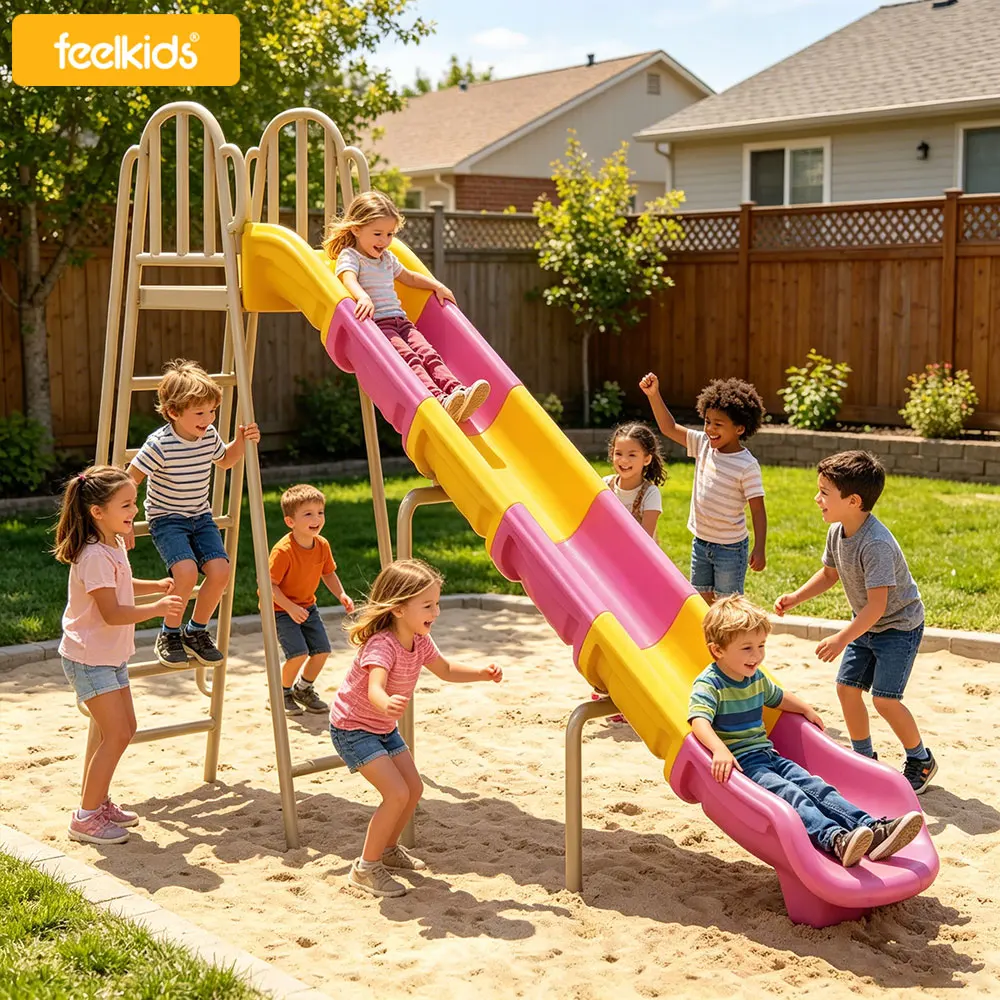 Feelkids Wholesale Kids Outdoor Playground  Slide Backyard Long Wave Slide with Climbing Ladder Children Slide for Home Garden