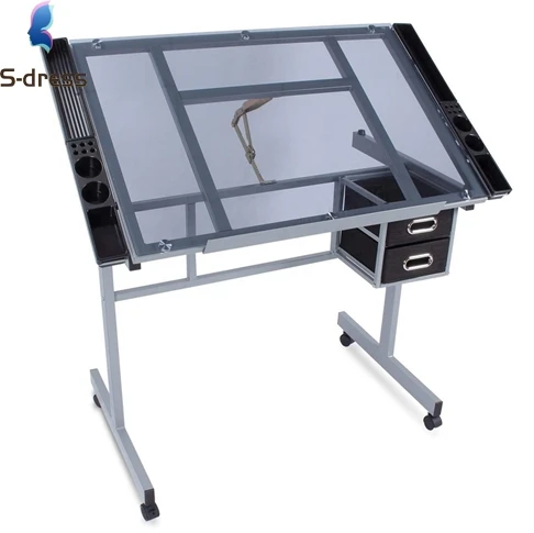 Glass Top Drafting Table Adjustable Drawing Desk Studio Art Craft Table ...