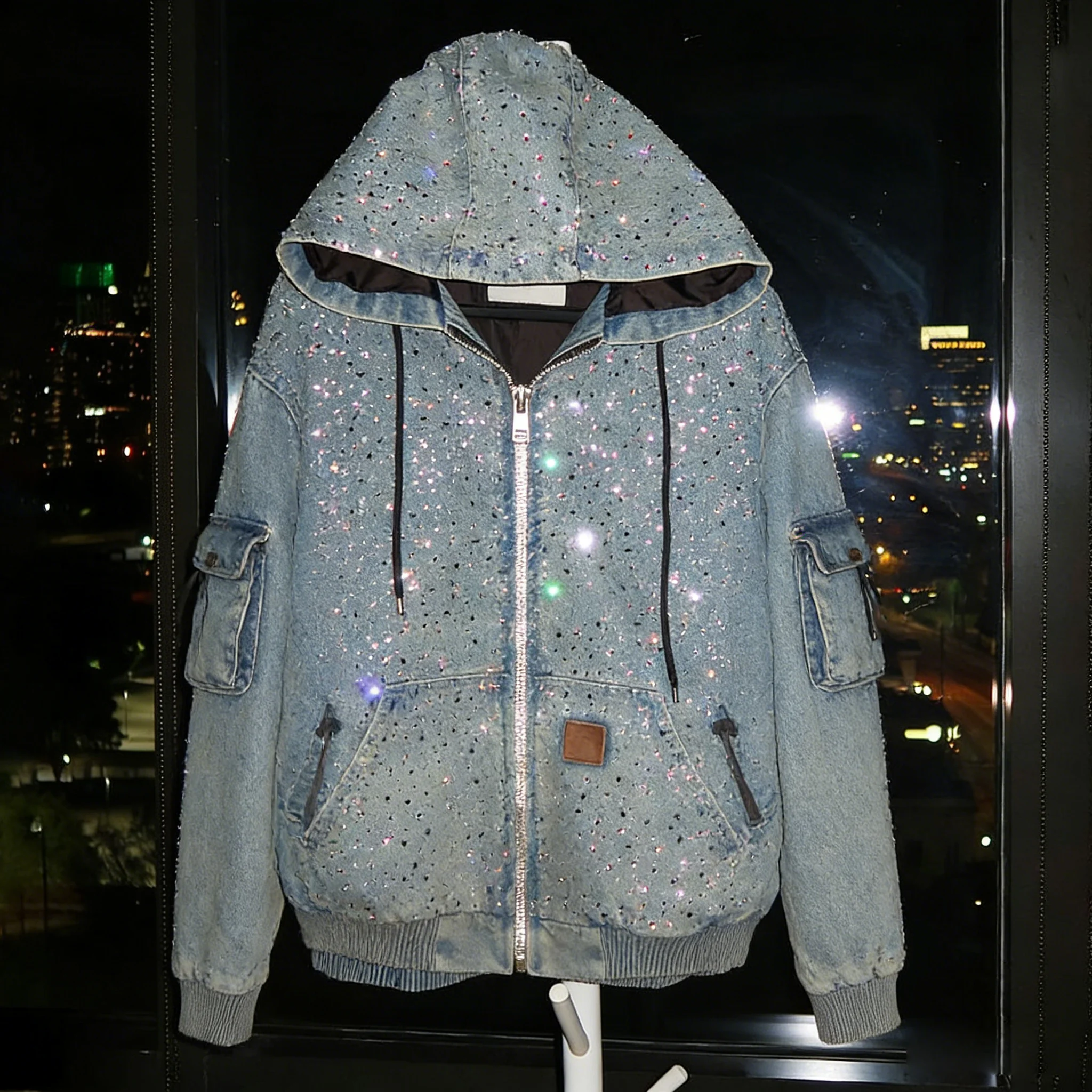 Custom High Quality Rhinestone Jacket Man Crystal Streetwear Oversized Baggy Applique Patch Men Zip up Denim Hoodie