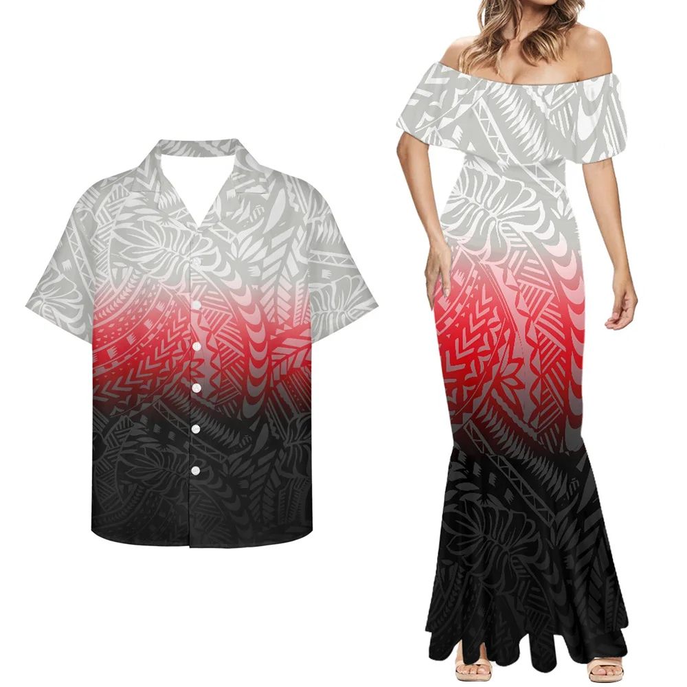 Yellow Polynesian Tribal Pattern Plus Size Women Clothing 7XL Custom Samoan Fiji Couple Clothes 2pcs Men Shirt and Mermaid Dress