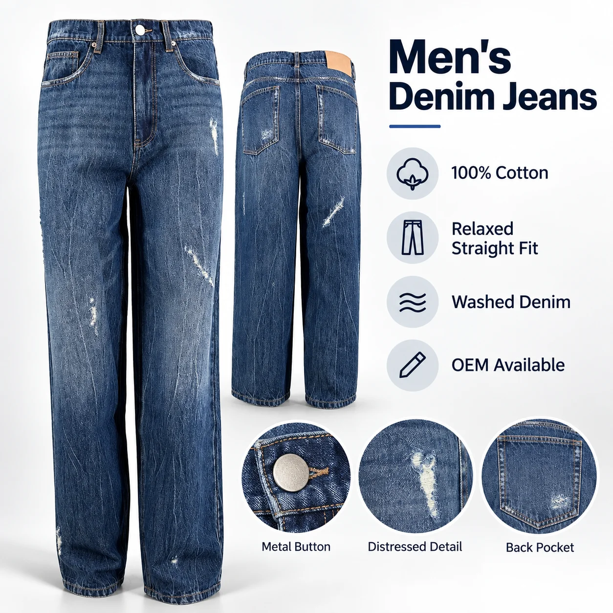 Custom Baggy Jeans Men Wide Leg Streetwear Denim Pants Vintage Wash Design Y2K Style Mens Jeans