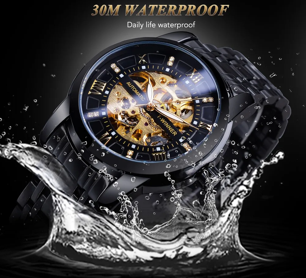 Montre Automatique Winner Pour Homme - Cadran Noir, Boîtier Argenté, Bracelet Caoutchouc