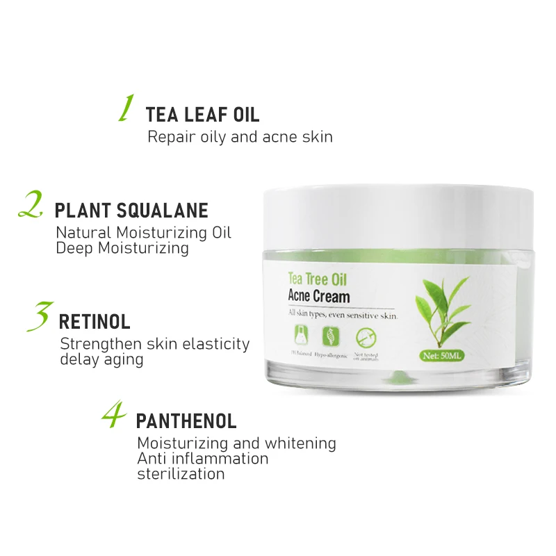 OEM Private Label Organic Tea Tree Oil Acne Face Cream Skin Care Acne Removal Moisturizer Hydrating Anti Acne Facial Cream