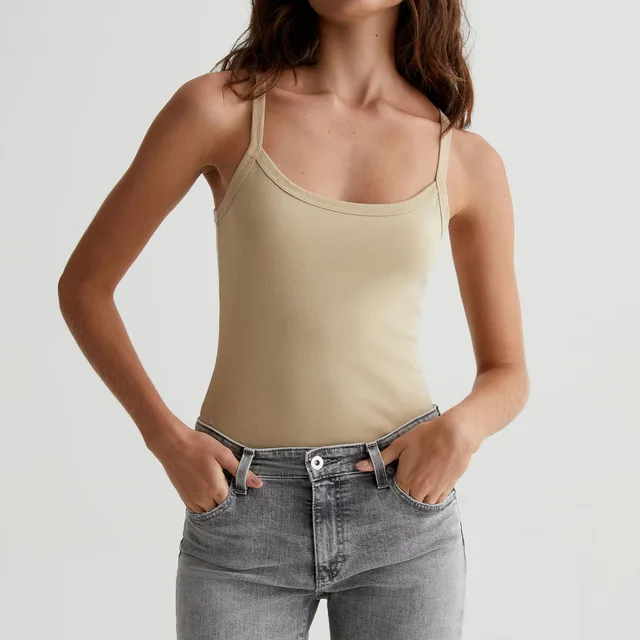 90s Cotton Baby Rib Racer Tank for Women Khaki Beige Slim Fit Breathable Knitted Fabric OEM Available