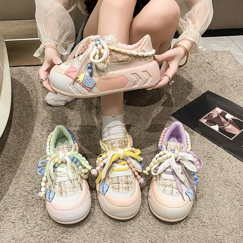 バスケットFemmeシックOEM/ODM厚底ランニングシューズピンク/グリーン