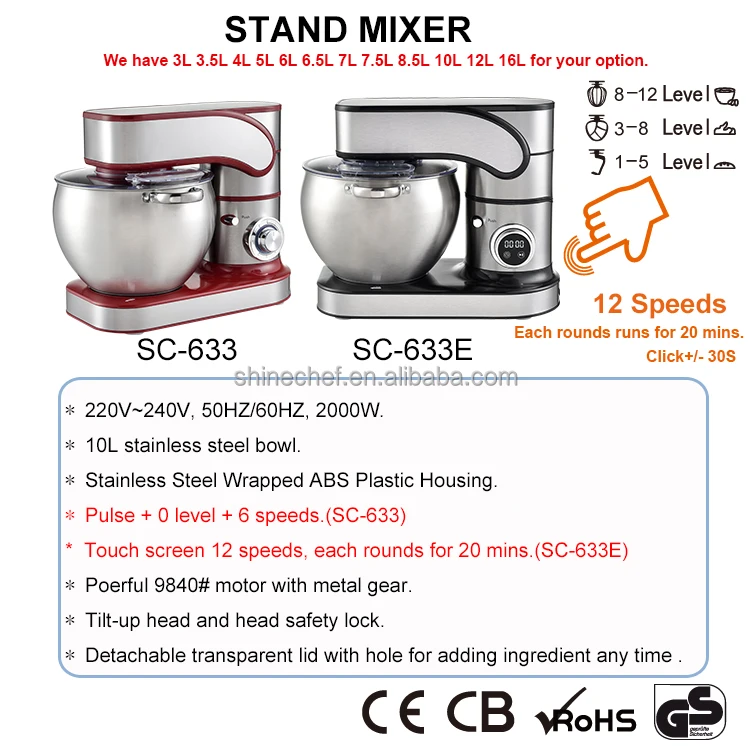 6.5L 7L 8.5L 10L 12L Professional Dough Mixer Factory Multifunctional 3 In 1 Stand Mixer Led Screen Food Mixer manufacture