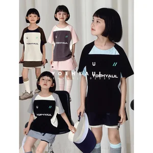 YOEHYAUL CD1316 Big Girls T-Shirt Tops Cotton Clashing Color Letter Printed Kids T-Shirt Short Sleeve Tops for Kids