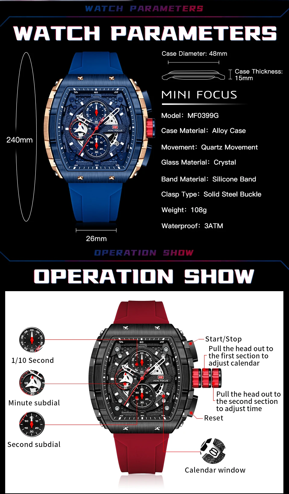 Mini Focus 0399 MF New Multifunction Square Quartz Watch for Man Waterproof Reloj Cuadrado Calendar Silicone Relogio Masculino