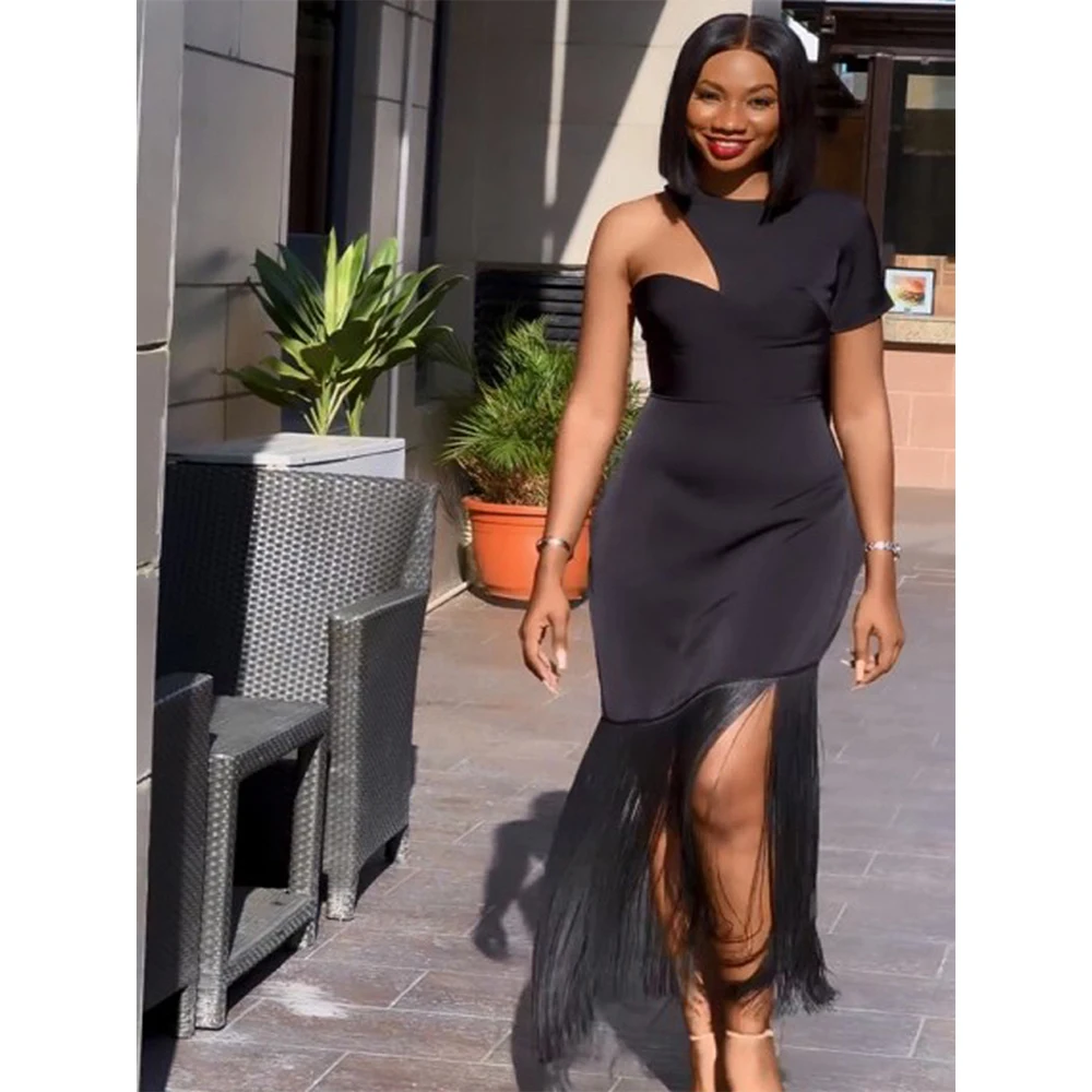 Sexy Ladies Black Hollow Out Tassels One Shoulder Bandage Bodycon Maxi  Dress for Women