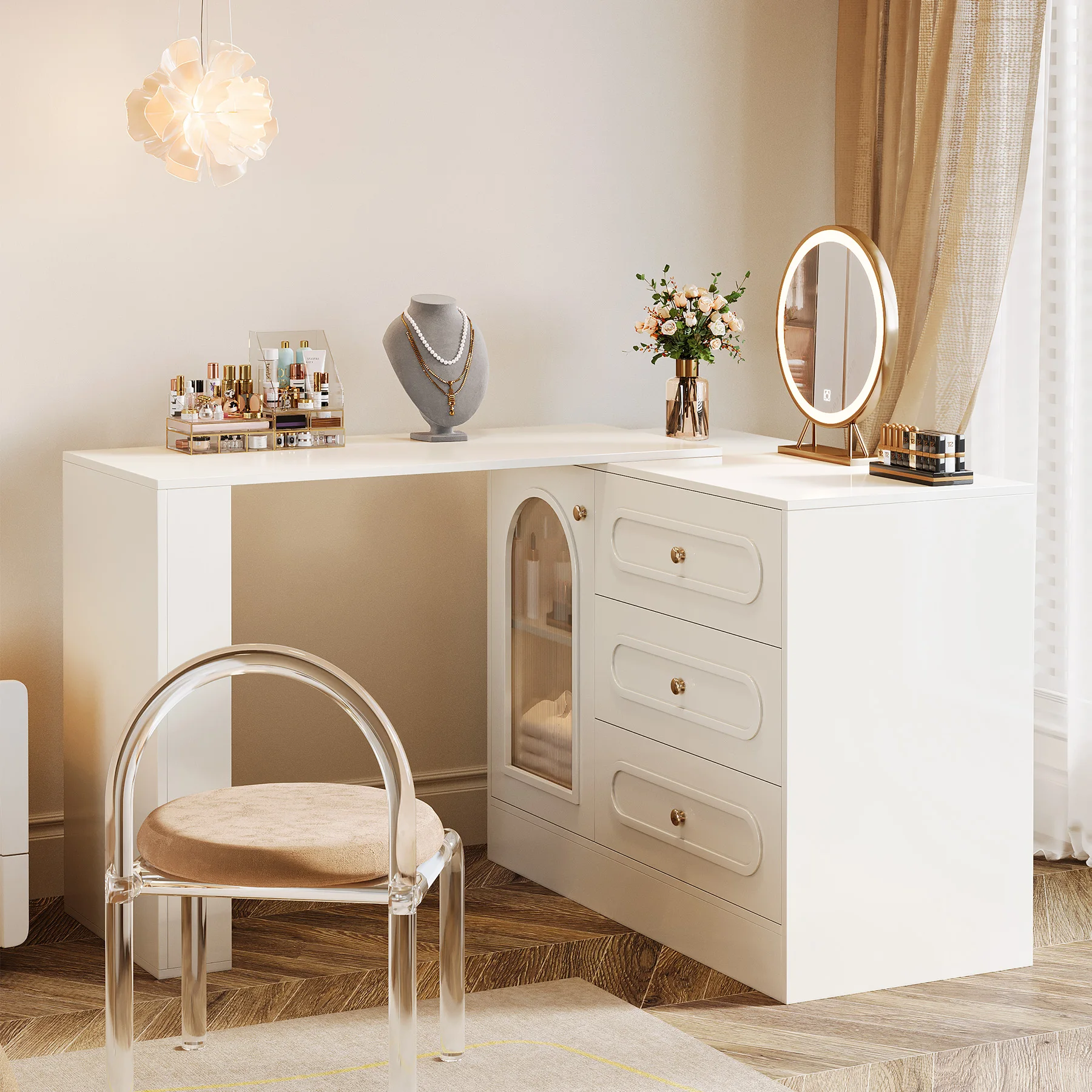 Modern 3-Drawer Vanity Dresser Combo with L-Shaped Desk Modern 3-Drawer Vanity Dresser Combo with L-Shaped Desk