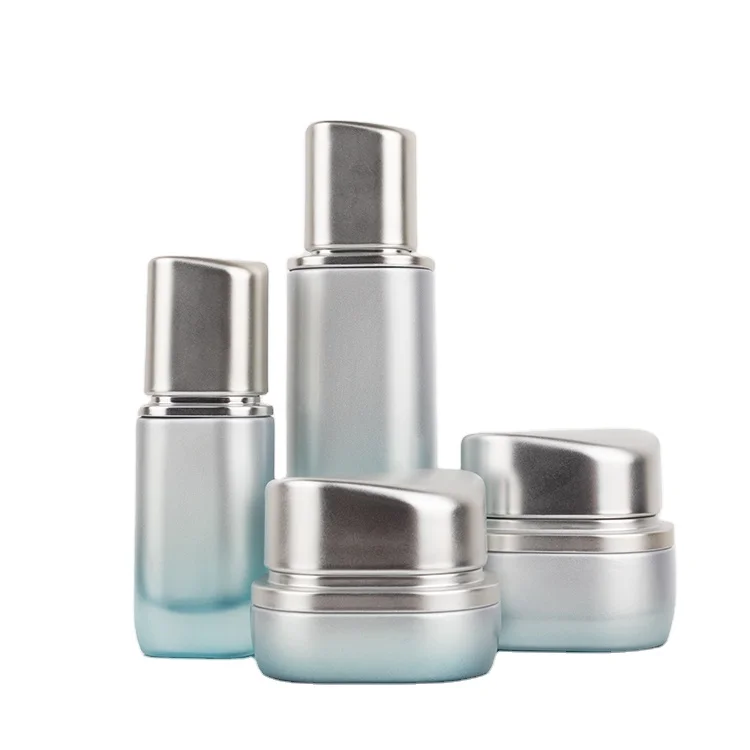 Recyclable Cosmetic glass bottle set irregular shape special design skincare cosmetic packaging bottle with matt spray pump cap