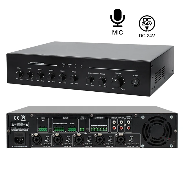 2 Zone Output 5 Mic Input Amplifier with Phantom Power DC24v 60w 120w 240w 8ohm 100v pa Priority Mixer Amplifier