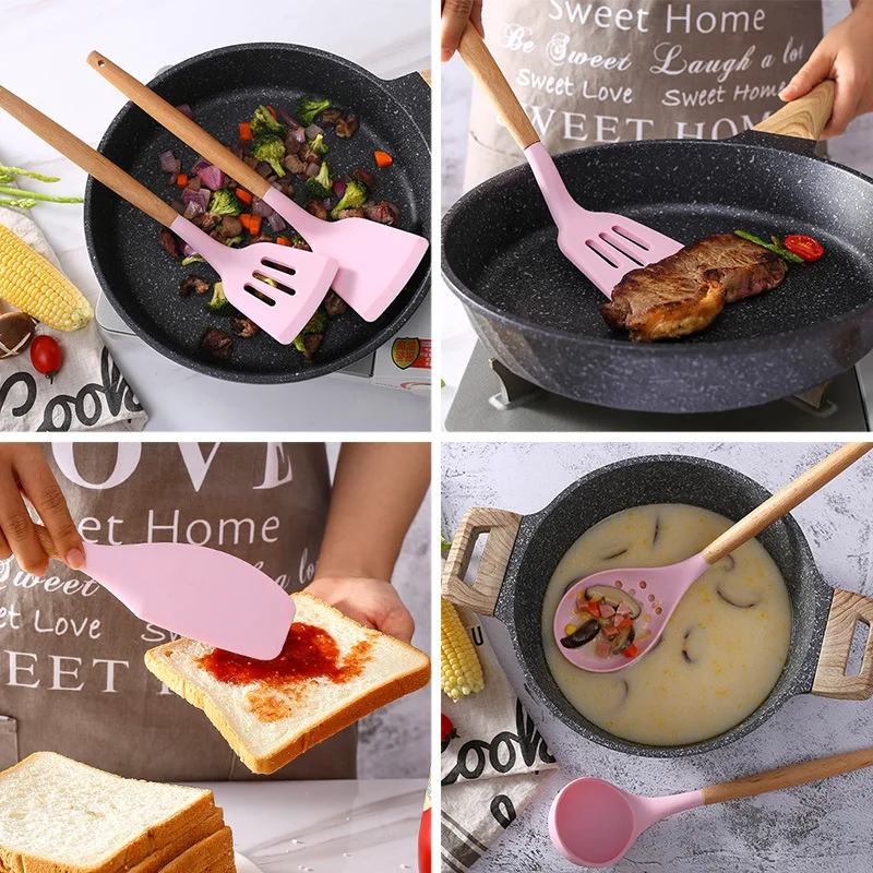 Home Kitchenware Gadgets Nonstick Silicone Cooking Set Kitchen Utensils Holder With Plastic Logo Wood Customized 12 Pieces Pink