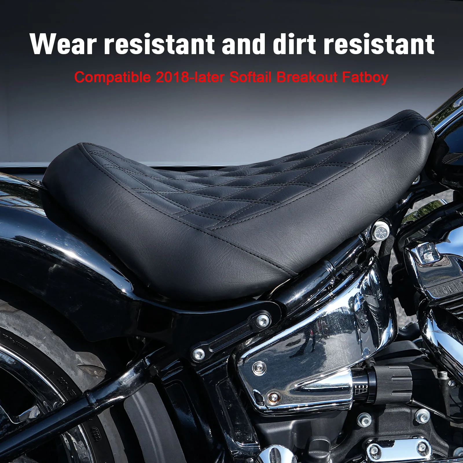 Coussin Siège Moto Harley Softail – Cuir PU Noir Coutures Noires, Compatible Breakout Fatboy 2018-2024