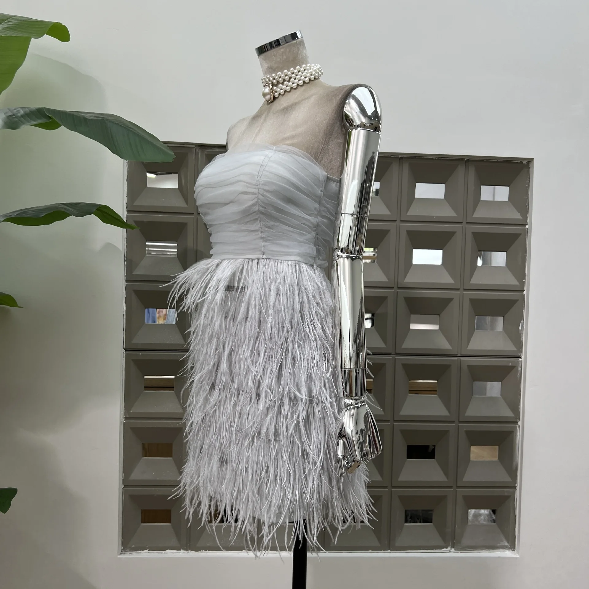 Bettergirl Fashion Luxury Feather Tassel Grey Elegant Dress Mesh Slim Short  Wedding Party Dress| Alibaba.com