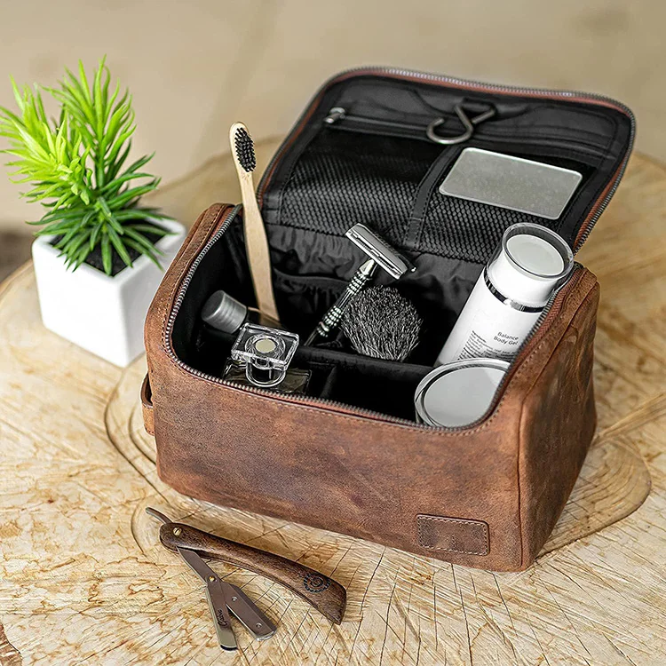 Custom Mens Waterproof Genuine Leather Travel Makeup Wash Bag Toiletry