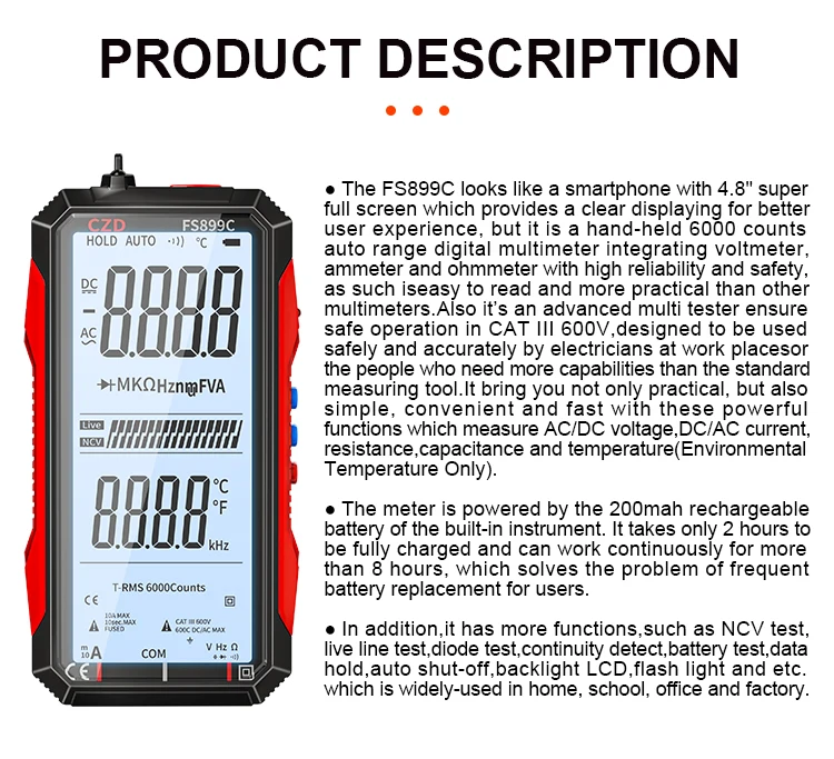 FI229MP  Multimètre numérique portable TRMS AC, 6 000 points, avec  fonction AutoCheck, 1 000 V CAT II / 600 V CAT III